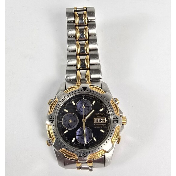Vintage Seiko Sports 150 Chronograph Quartz 7T39 6A09 Watch Men's Black Dial - Picture 1 of 7